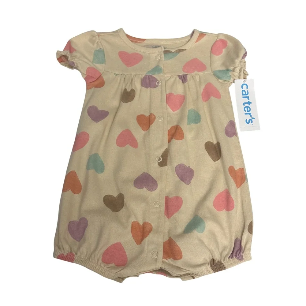 Carters‎ Baby Girl 9 Months Heart Print Romper Cream Pastel Snap Front Cotton